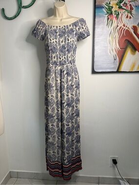 Angie Off-Shoulder Blue and White Paisley Maxi jumpsuit with Red Hem Trim